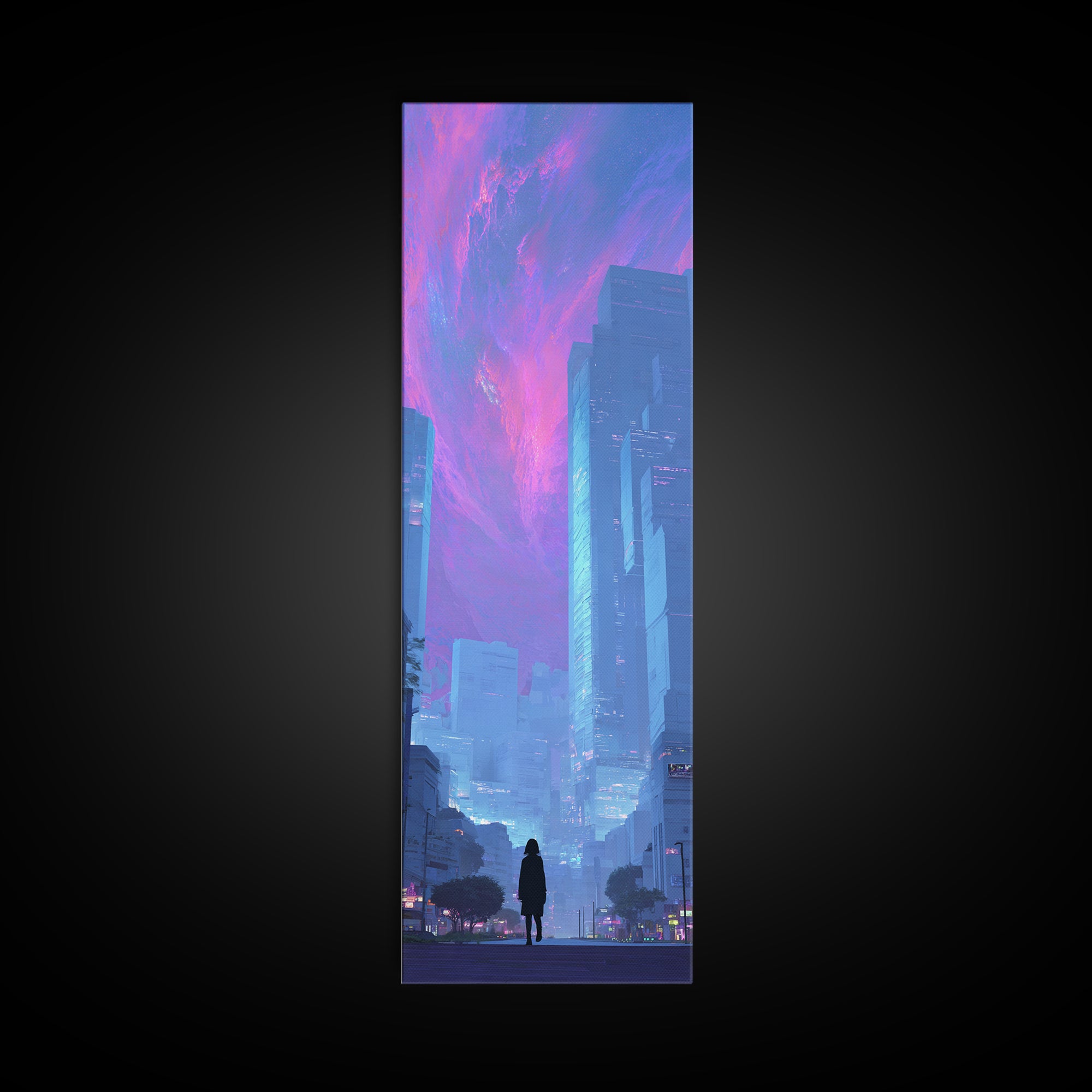 Digital Aurora Above a Clean White City Framed Canvas Print, Futuristic Art, Digital Poster, Living Room Decor, Future, FUT-1x3-36