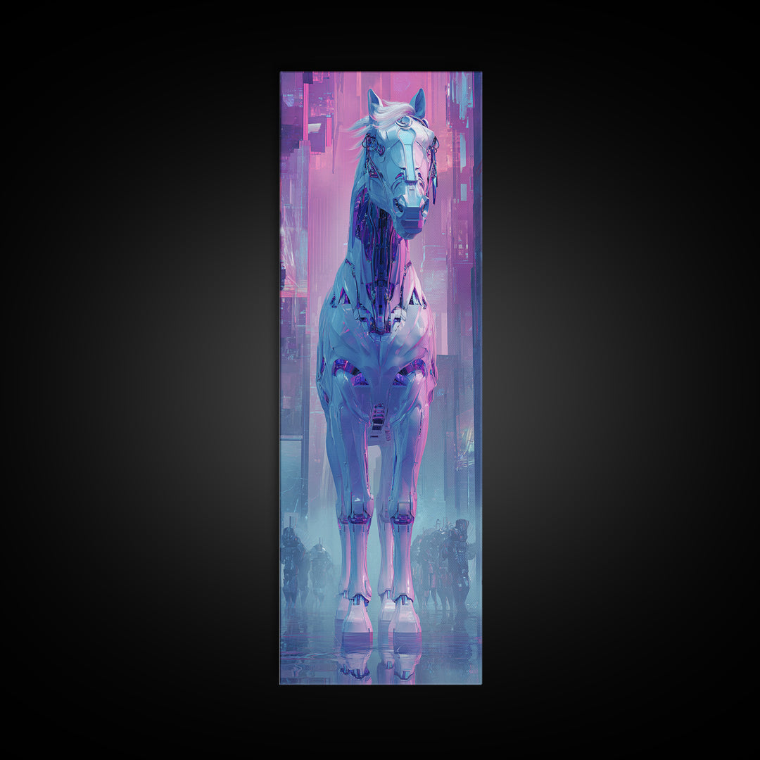 Cybernetic Horse in a Luminous Field Canvas Print, Futuristic Art, Digital Art, Living Room Decor, Future, Landscape Art, FUT-1x3-49