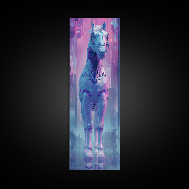 Cybernetic Horse in a Luminous Field Canvas Print, Futuristic Art, Digital Art, Living Room Decor, Future, Landscape Art, FUT-1x3-49