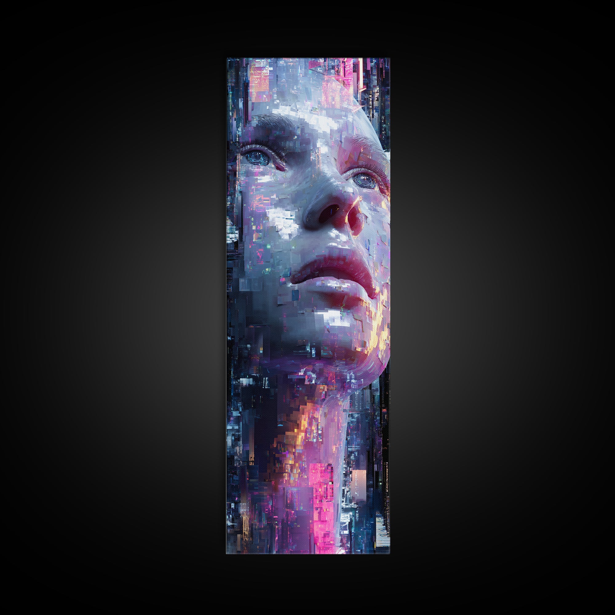 Abstract Ai Face Formed from Light Fragments Framed Canvas Print, Futuristic Art, Digital Art, Living Room Decor, Future, FUT-1x3-62