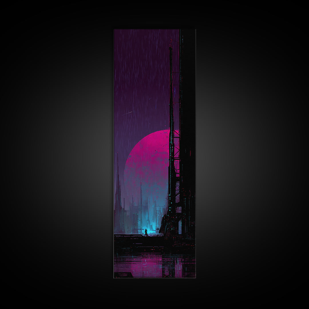 Moon Colony Silhouette Canvas Print, Futuristic Art, Digital Wall Art, Living Room Decor, Watercolor Art, Future, FUT-1x3-9