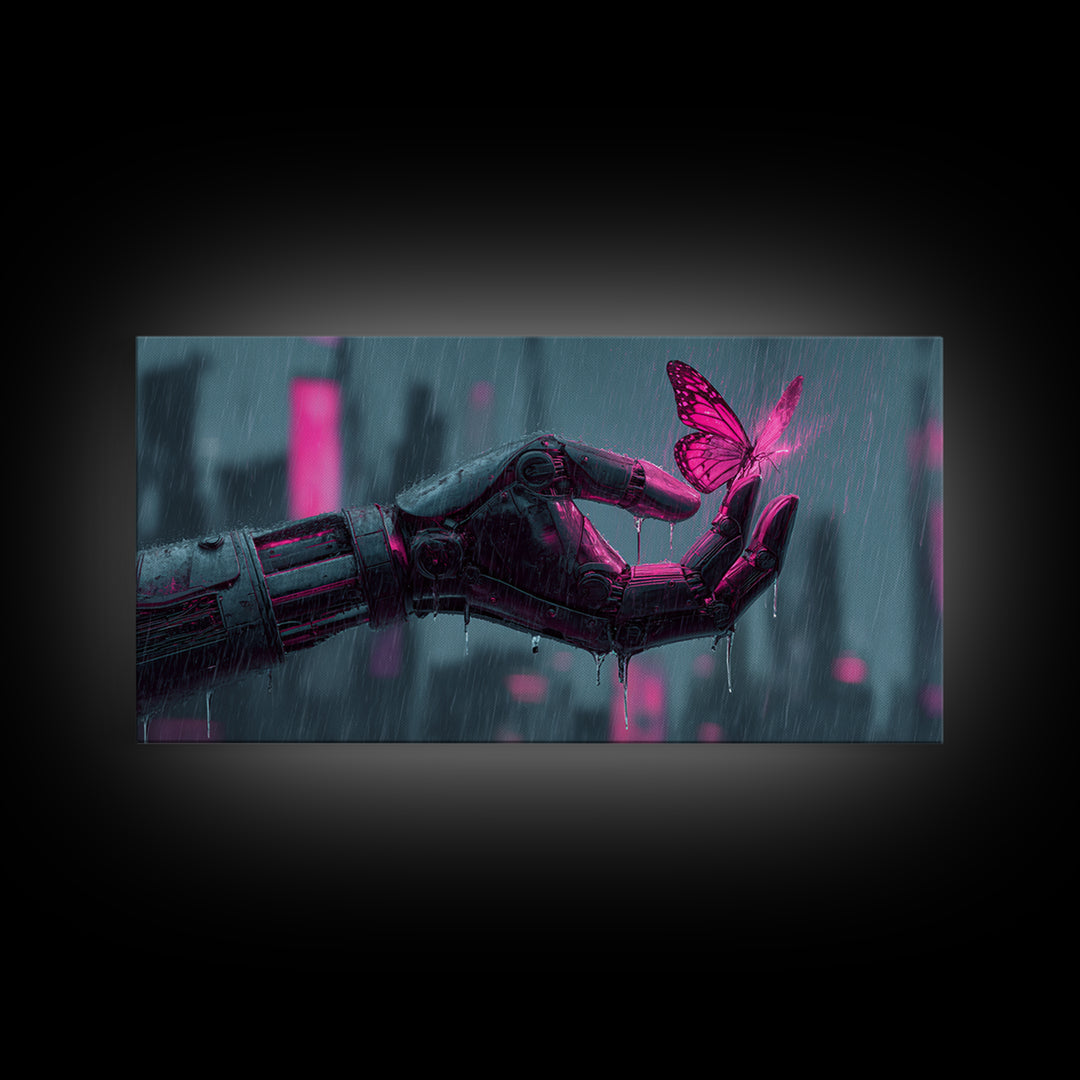 Robotic Hand Holding a Delicate Butterfly Framed Canvas Print, Futuristic Art, Unique Home Decor, Living Room Decor, Future, FUT-2x1-100