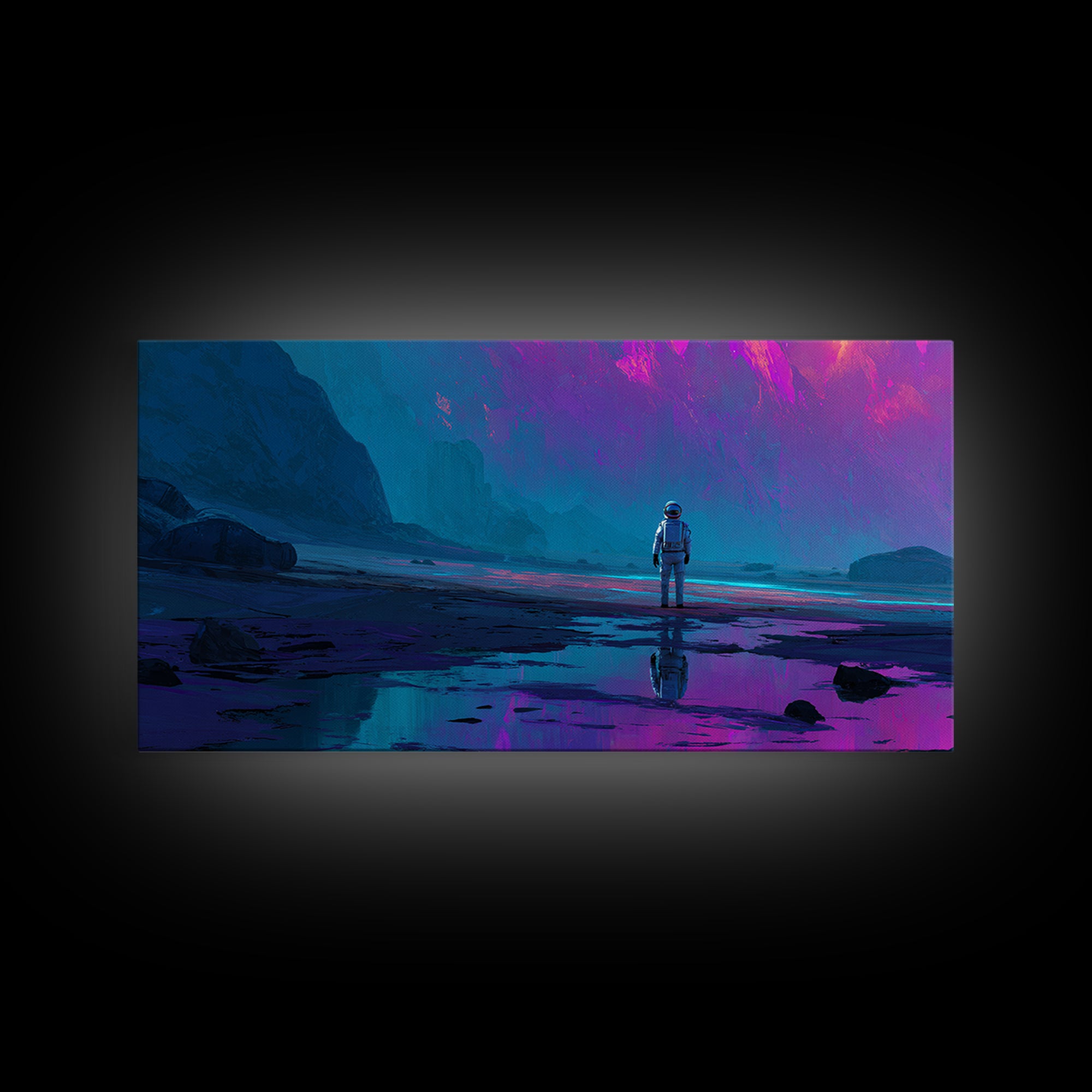 Silver Astronaut Walking Through Neon Desert Canvas Print, Futuristic Art, Steampunk Decor, Living Room Decor, Future, FUT-2x1-25