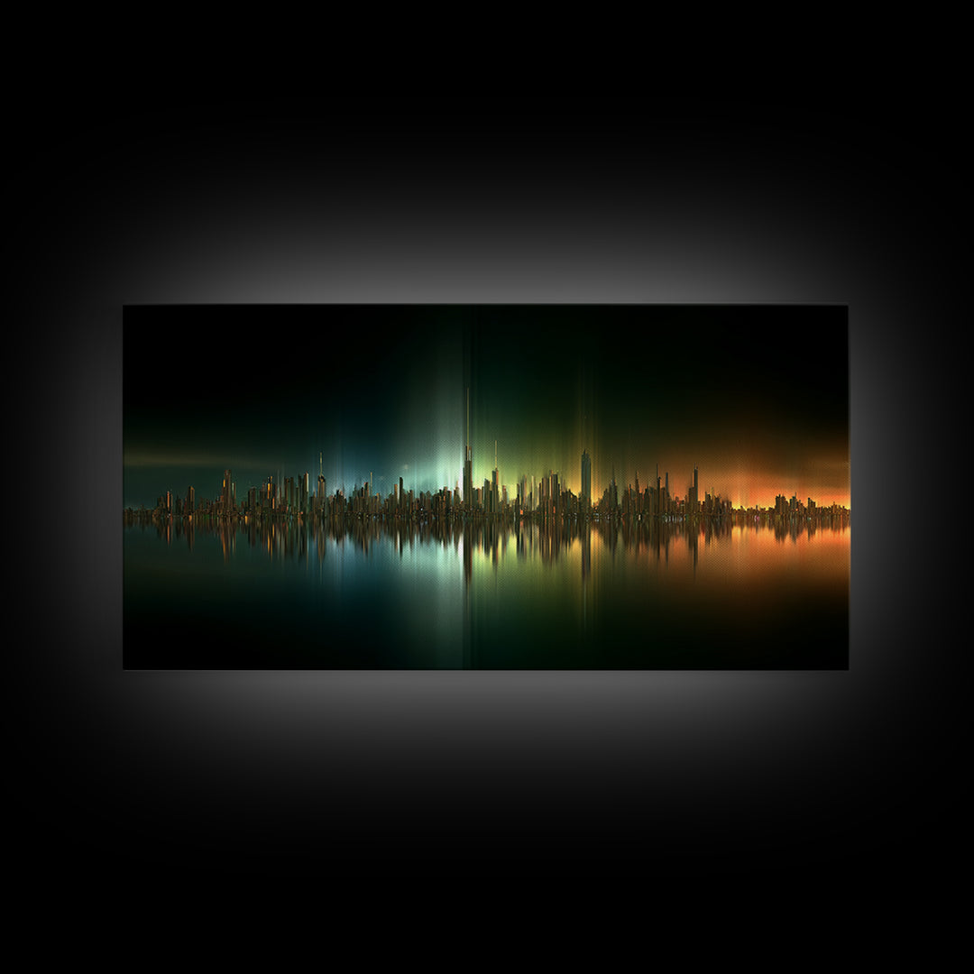 Sleek Chrome City Skyline Framed Canvas Print, Futuristic Art, Contemporary Art, Living Room Decor, Fine Art, Future, FUT-2x1-45