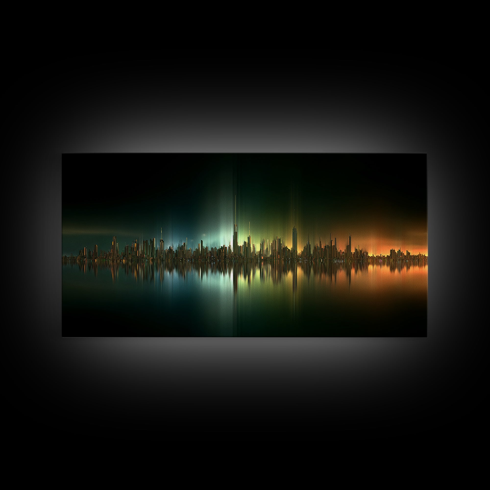 Sleek Chrome City Skyline Framed Canvas Print, Futuristic Art, Contemporary Art, Living Room Decor, Fine Art, Future, FUT-2x1-45