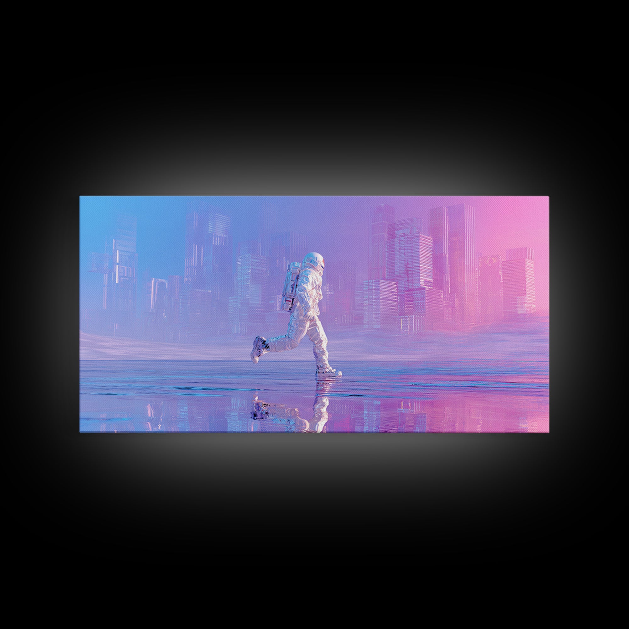 Silver Astronaut Walking Through Neon Desert Canvas Print, Futuristic Art, Victorian Decor, Living Room Decor, Fine Art, Future, FUT-2x1-49