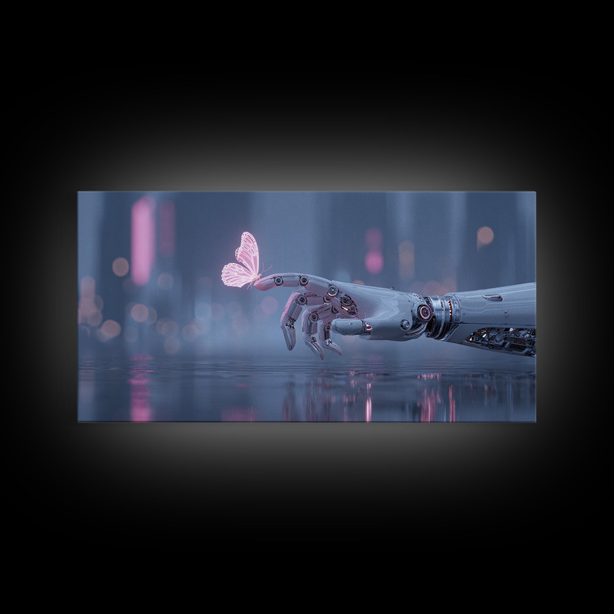 Robotic Hand Holding a Delicate Butterfly Canvas Print, Futuristic Art, Mid Century Modern, Living Room Decor, Fine Art, Future, FUT-2x1-52