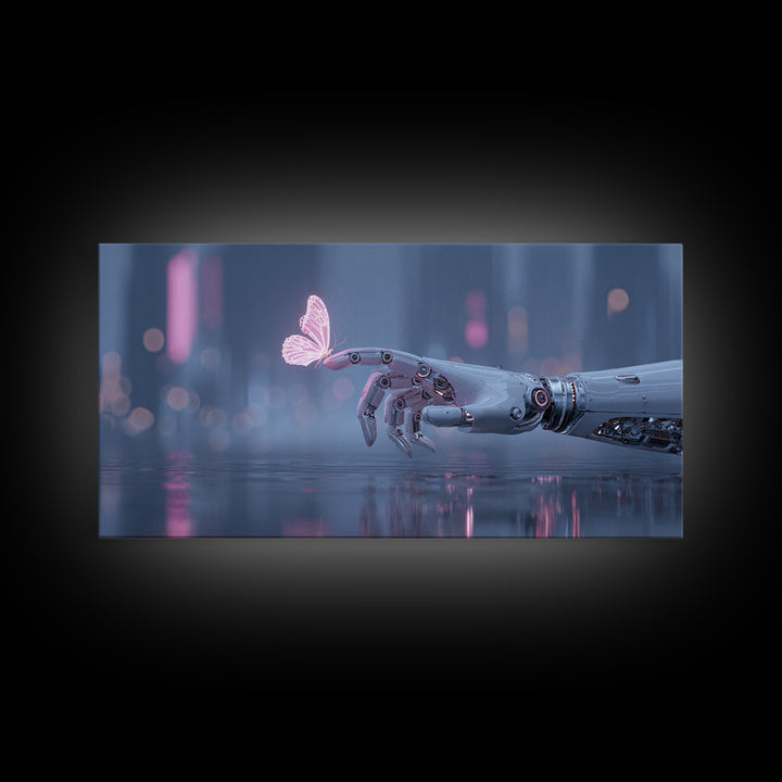 Robotic Hand Holding a Delicate Butterfly Canvas Print, Futuristic Art, Mid Century Modern, Living Room Decor, Fine Art, Future, FUT-2x1-52