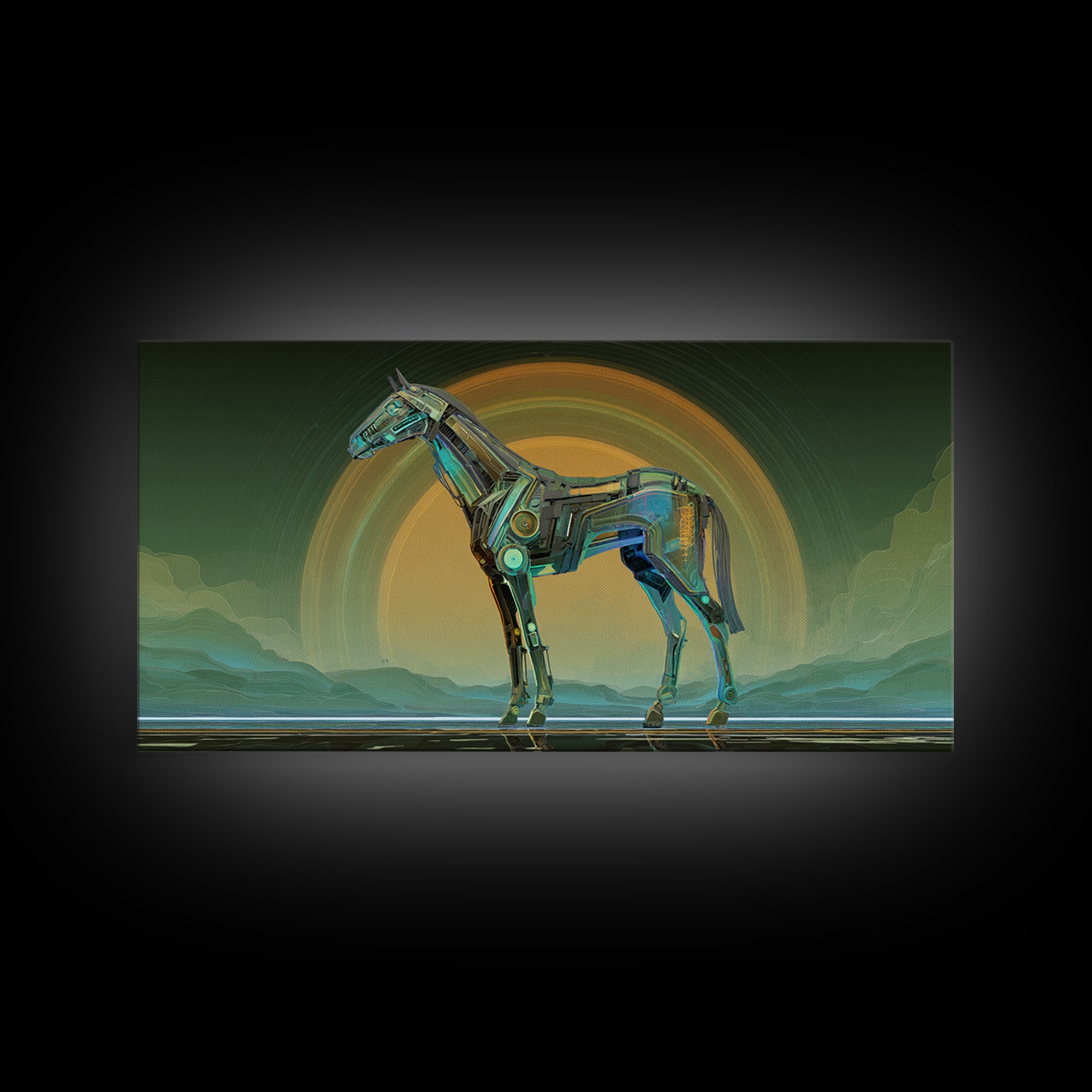 Cybernetic Horse in a Luminous Field Canvas Print, Futuristic Art, Digital Poster, Living Room Decor, Fine Art, Future, FUT-2x1-57