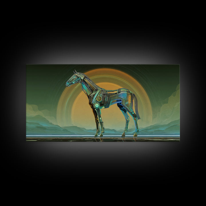 Cybernetic Horse in a Luminous Field Canvas Print, Futuristic Art, Digital Poster, Living Room Decor, Fine Art, Future, FUT-2x1-57