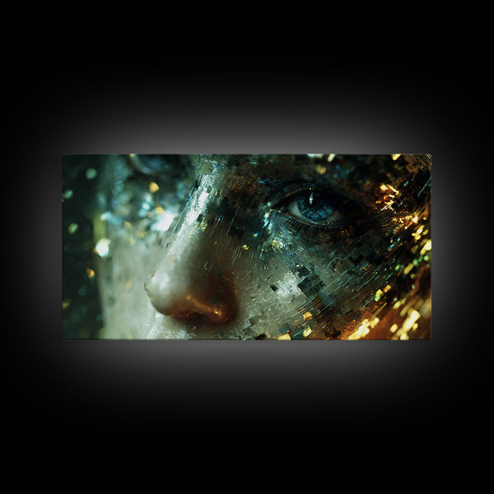 Abstract Ai Face Formed from Light Fragments Canvas Print, Futuristic Art, Extra Large Wall Art, Living Room Decor, Future, FUT-2x1-70