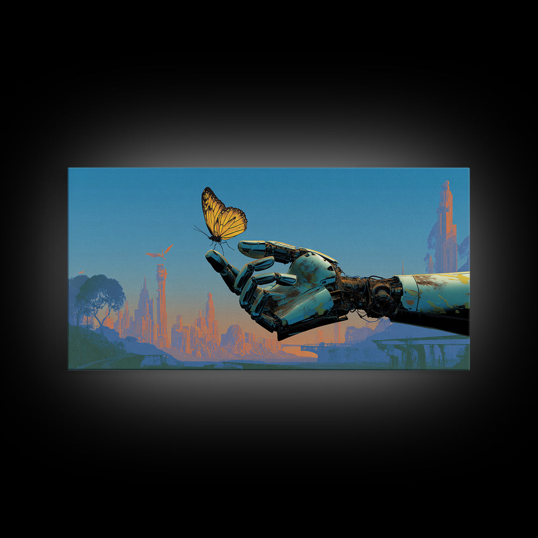 Robotic Hand Holding a Delicate Butterfly Canvas Print, Futuristic Art, Landscape Art, Living Room Decor, Fine Art, Future, FUT-2x1-76