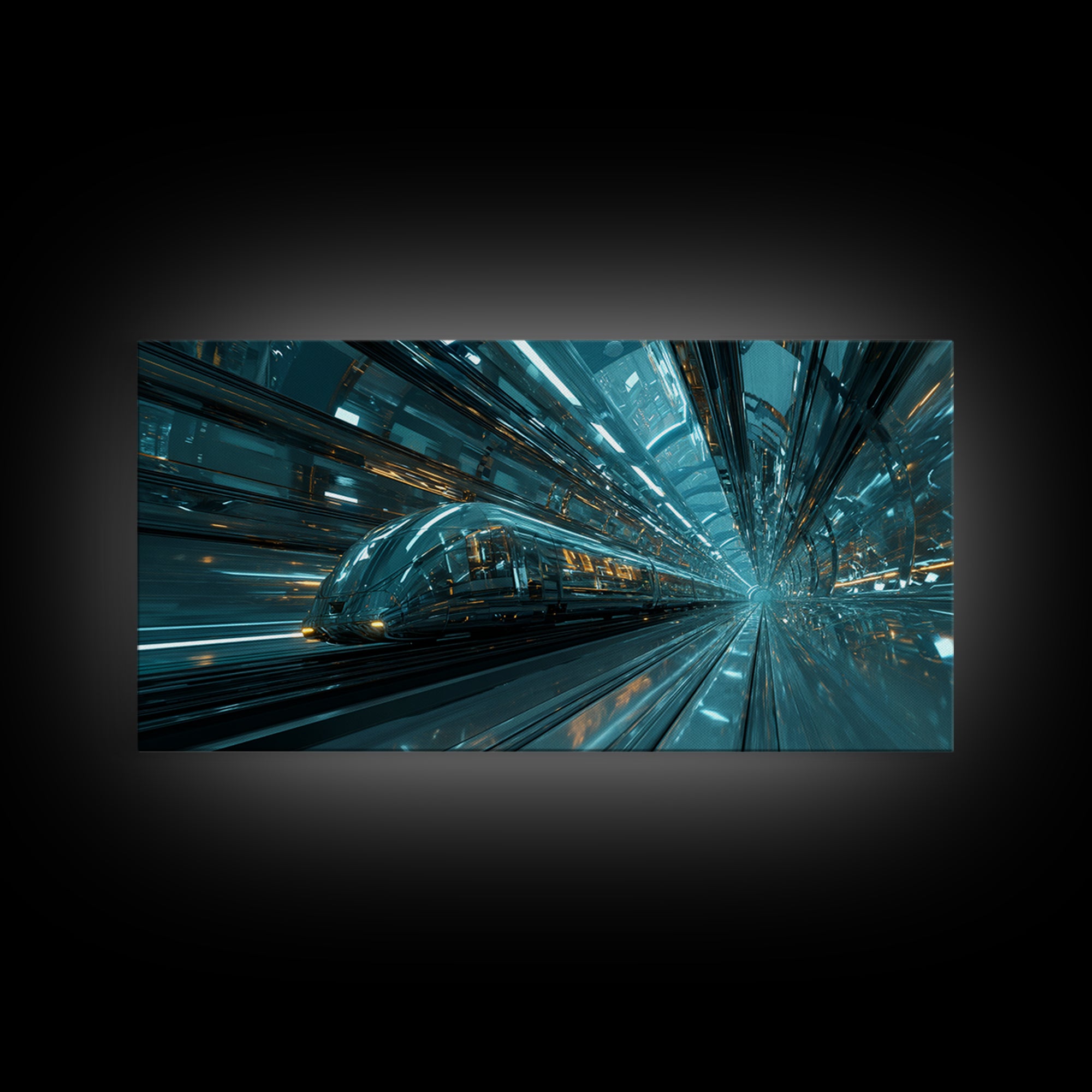 Transparent Train Speeding Through Light Tunnels Canvas Print, Futuristic Art, Fine Art Print, Living Room Decor, Future, FUT-2x1-79