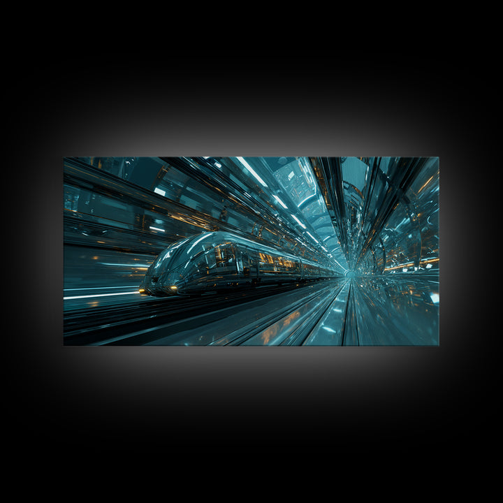 Transparent Train Speeding Through Light Tunnels Canvas Print, Futuristic Art, Fine Art Print, Living Room Decor, Future, FUT-2x1-79