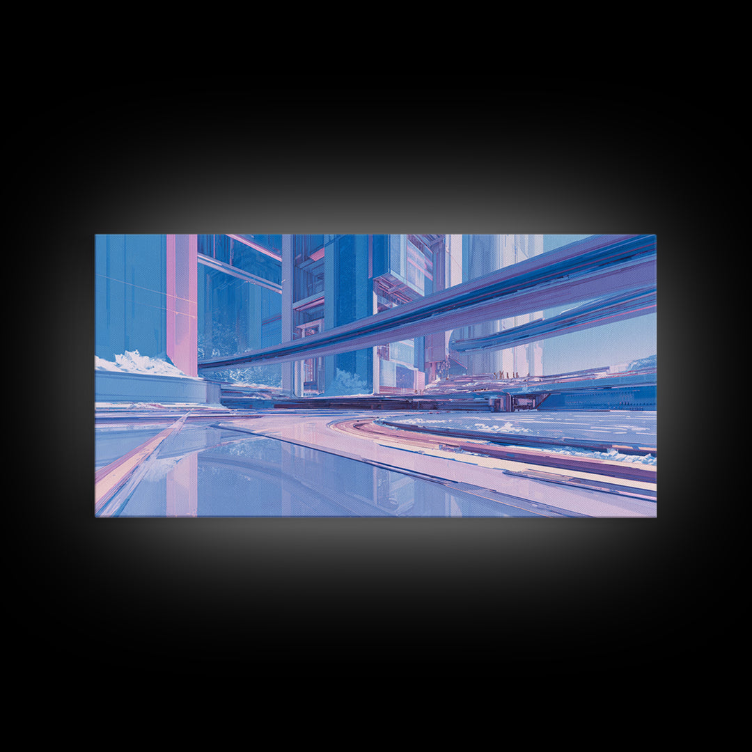 White and Blue Utopian Megastructure Framed Canvas Print, Futuristic Art, Colorful Wall Art, Living Room Decor, Future, FUT-2x1-80