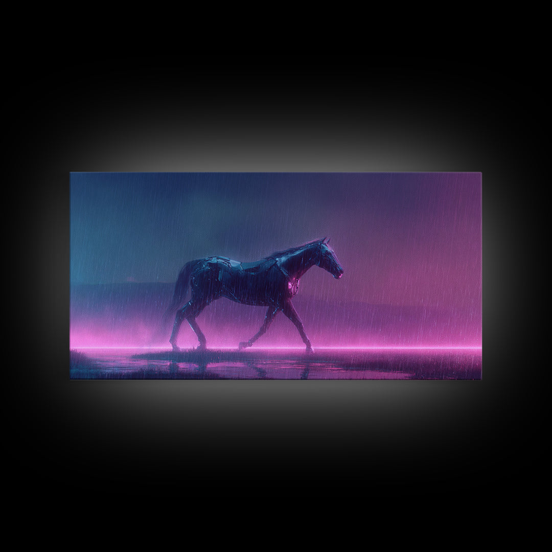 Cybernetic Horse in a Luminous Field Framed Canvas Print, Futuristic Art, Eclectic Home Decor, Living Room Decor, FUT-2x1-81