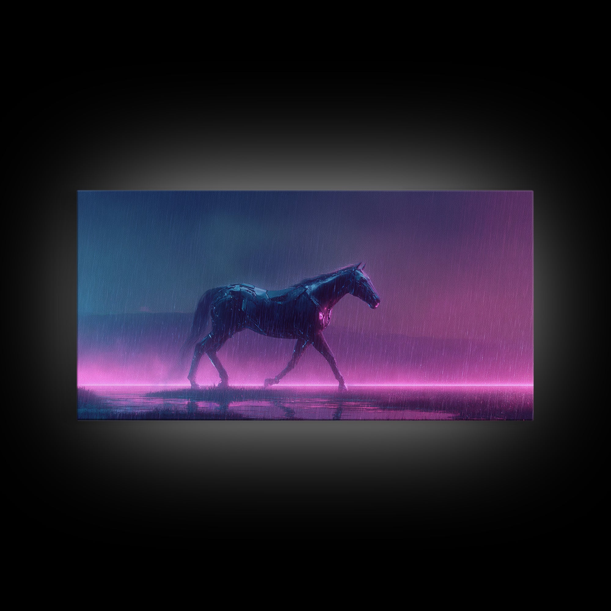 Cybernetic Horse in a Luminous Field Framed Canvas Print, Futuristic Art, Eclectic Home Decor, Living Room Decor, FUT-2x1-81
