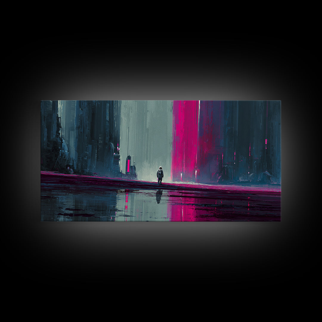Silver Astronaut Walking Through Neon Desert Framed Canvas Print, Futuristic Art, Modern Decor, Living Room Decor, Future, FUT-2x1-97