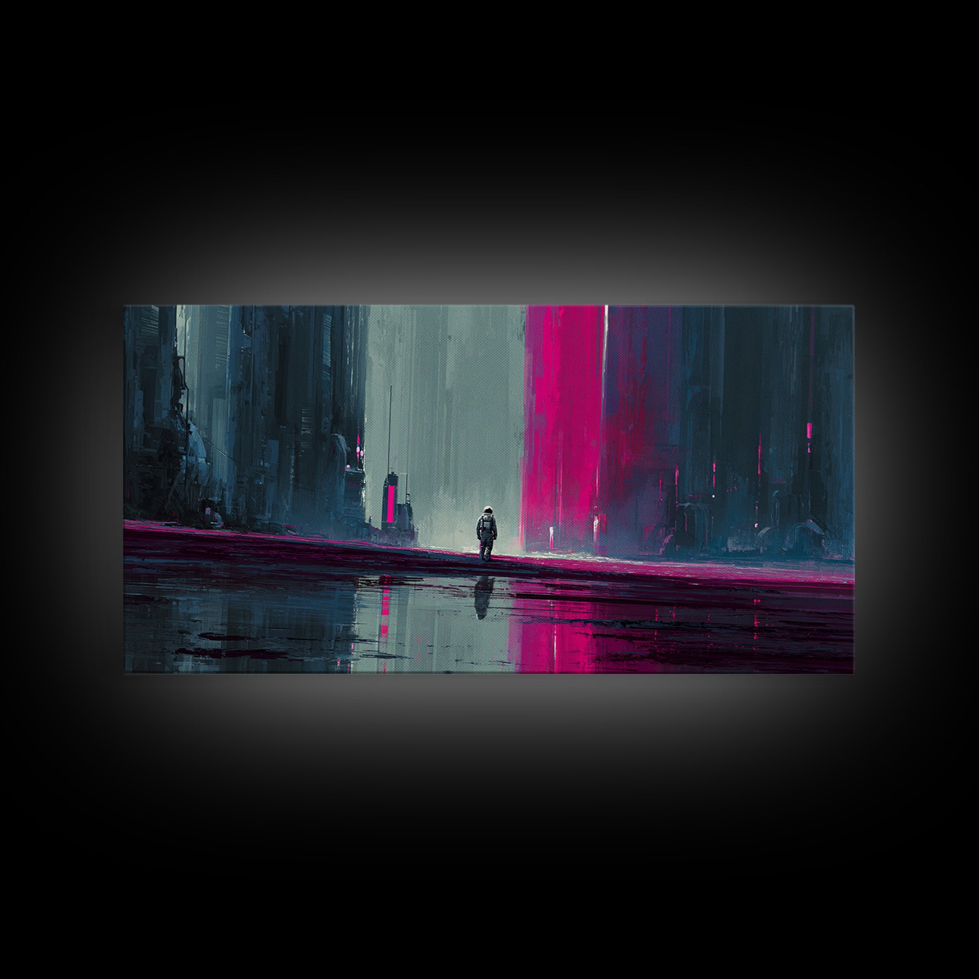 Silver Astronaut Walking Through Neon Desert Framed Canvas Print, Futuristic Art, Modern Decor, Living Room Decor, Future, FUT-2x1-97