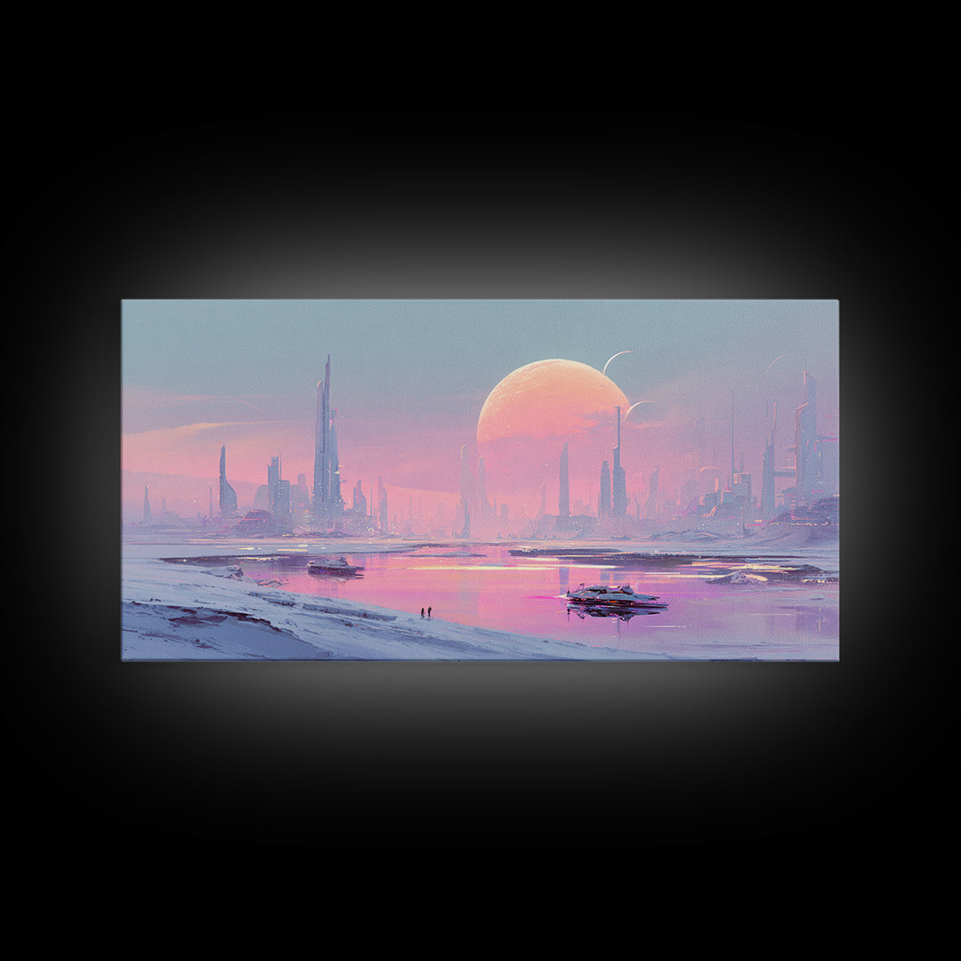 Minimal Spacecraft over a Clean Planet Horizon Canvas Print, Futuristic Art, Contemporary Art, Living Room Decor, Future, FUT-2x1-99