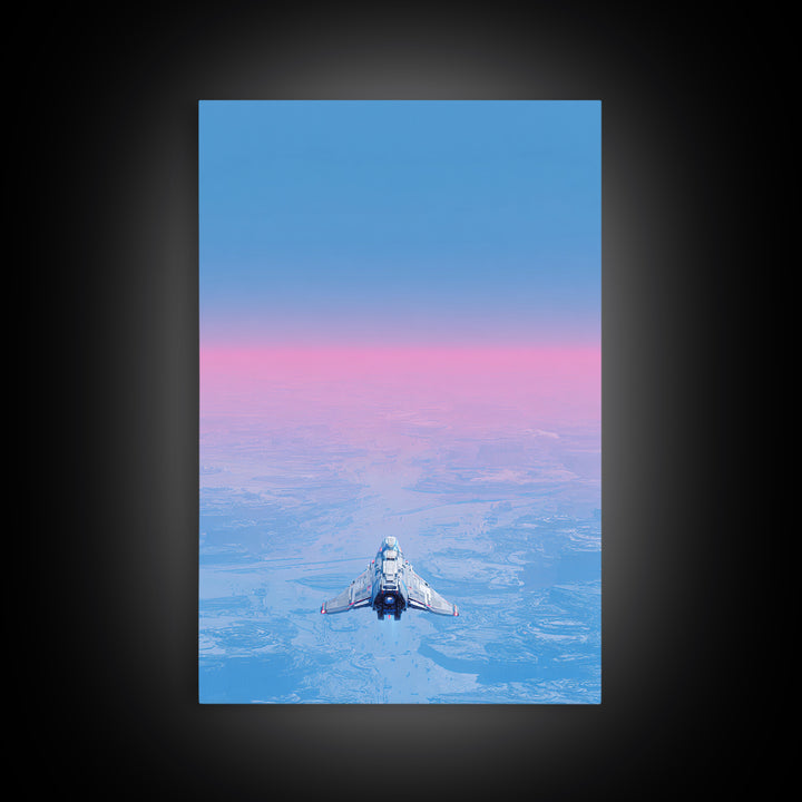Minimal Spacecraft over a Clean Planet Horizon Canvas Print, Futuristic Art, Steampunk Decor, Living Room Decor, Oil Painting, FUT-2x3-15