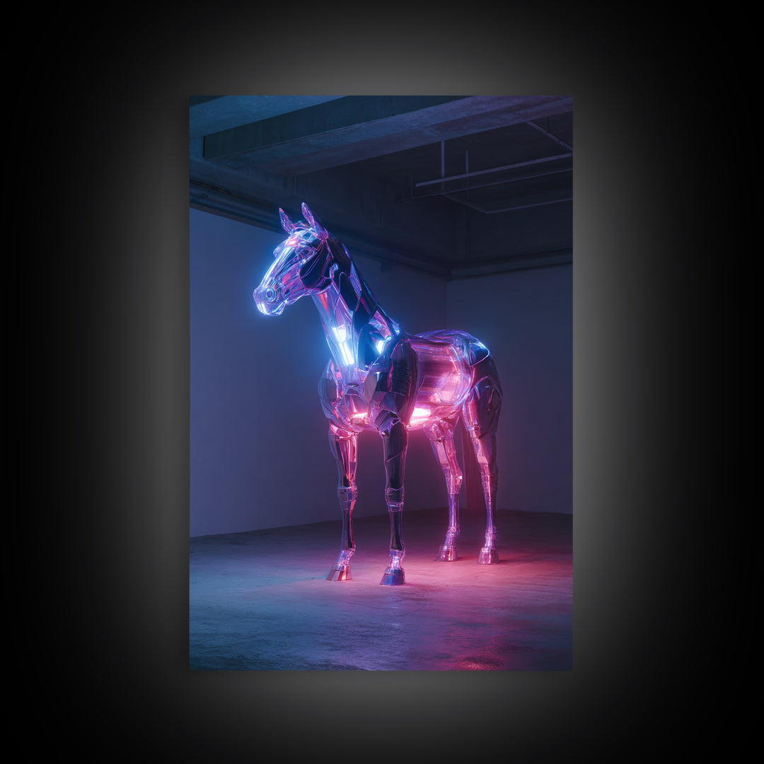 Cybernetic Horse in a Luminous Field Framed Canvas Print, Futuristic Art, Cyberpunk Decor, Living Room Decor, Oil Painting, FUT-2x3-21