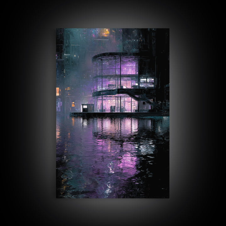 Floating Glass Architecture Above Reflective Water Canvas Print, Futuristic Art, Neutral Decor, Living Room Decor, Future, FUT-2x3-35