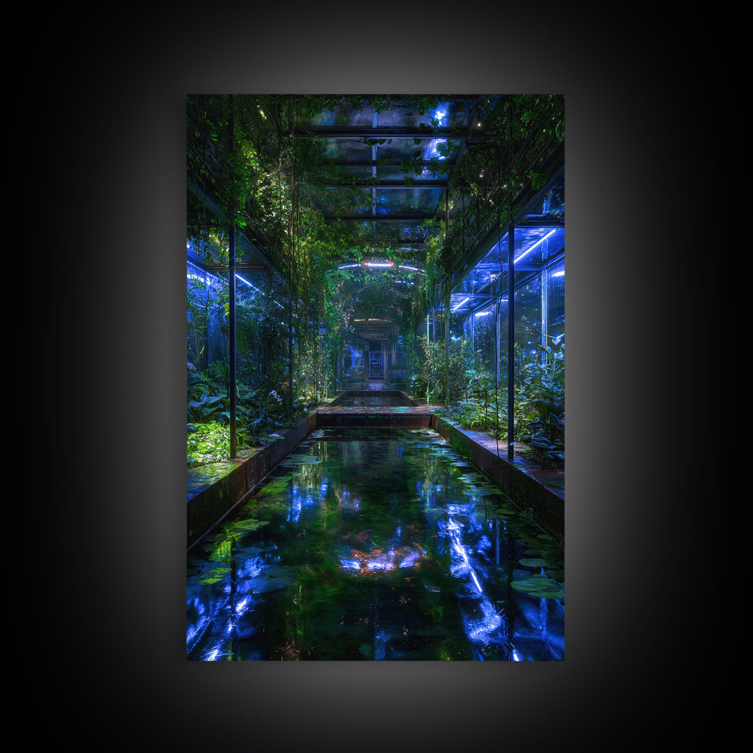 Bioluminescent Garden in a Future Habitat Framed Canvas Print, Futuristic Art, Printable Wall Art, Living Room Decor, Future, FUT-2x3-36