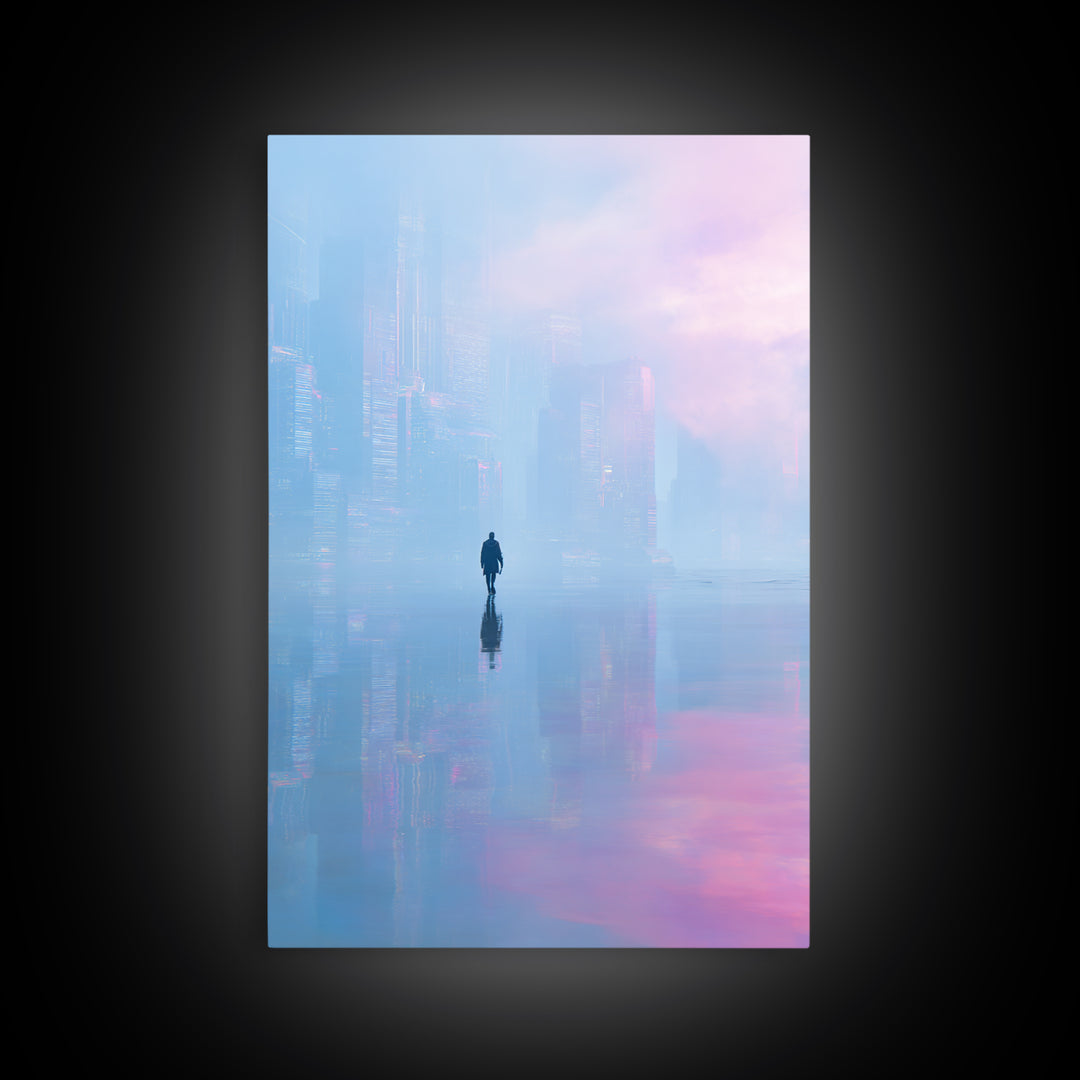 Floating Glass Architecture Above Reflective Water Canvas Print, Futuristic Art, Luxury Decor, Living Room Decor, Future, FUT-2x3-59