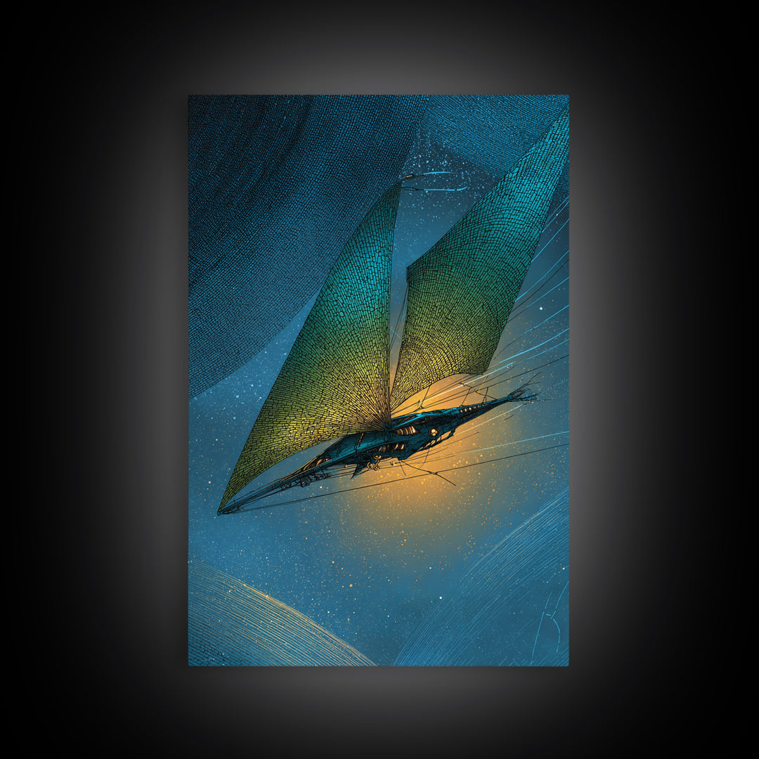 Solar Sail Ship Crossing Star Filled Space Framed Canvas Print, Futuristic Art, Statement Artwork, Living Room Decor, Future, FUT-2x3-73