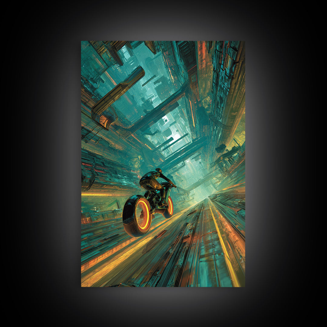High Speed Hover Bike Trail of Light Framed Canvas Print, Futuristic Art, Room Decor, Living Room Decor, Fine Art, Future, FUT-2x3-76