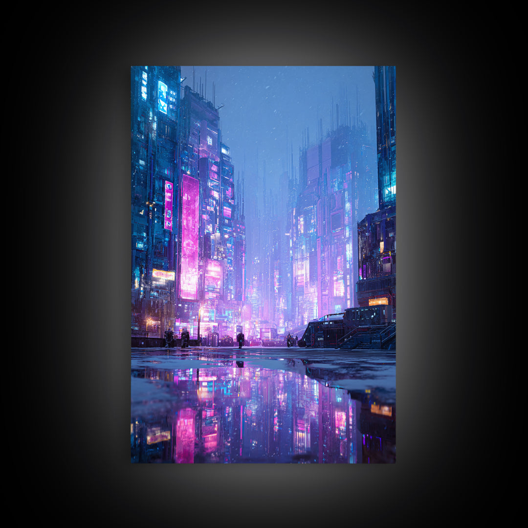 Digital Aurora Above a Clean White City Framed Canvas Print, Futuristic Art, Digital Art, Living Room Decor, Oil Painting, FUT-2x3-8