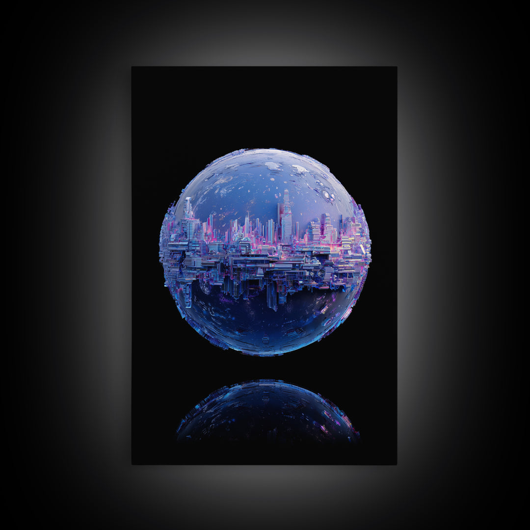 Orbital City Ring Around a Blue Planet Framed Canvas Print, Futuristic Art, Unique Home Decor, Living Room Decor, Future, FUT-2x3-90