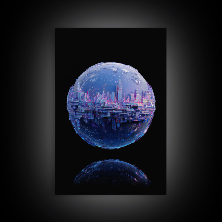 Orbital City Ring Around a Blue Planet Framed Canvas Print, Futuristic Art, Unique Home Decor, Living Room Decor, Future, FUT-2x3-90