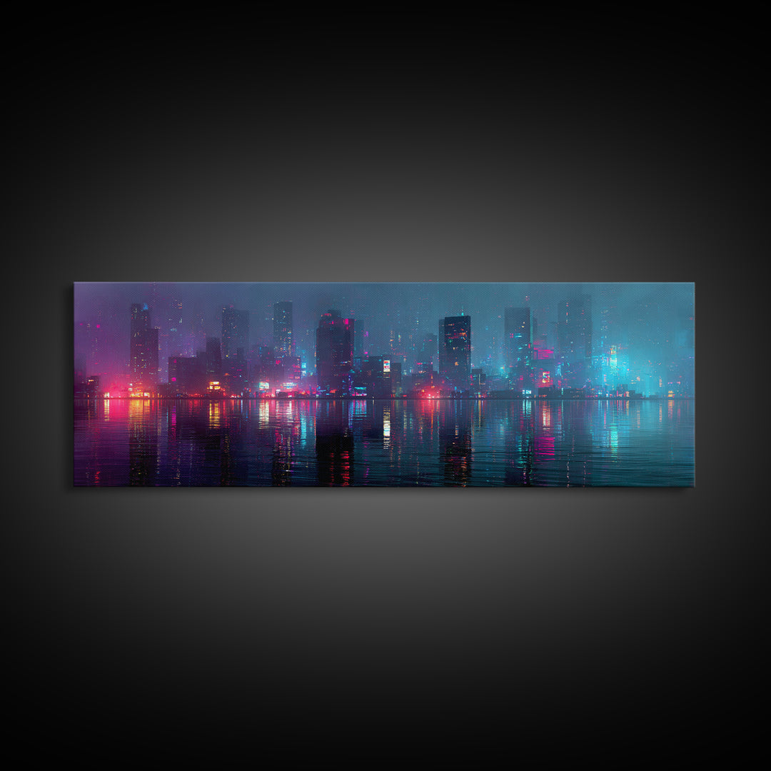 Floating Glass Architecture Above Reflective Water Canvas Print, Futuristic Art, Living Room Decor, Watercolor Art, Future, FUT-3x1-19