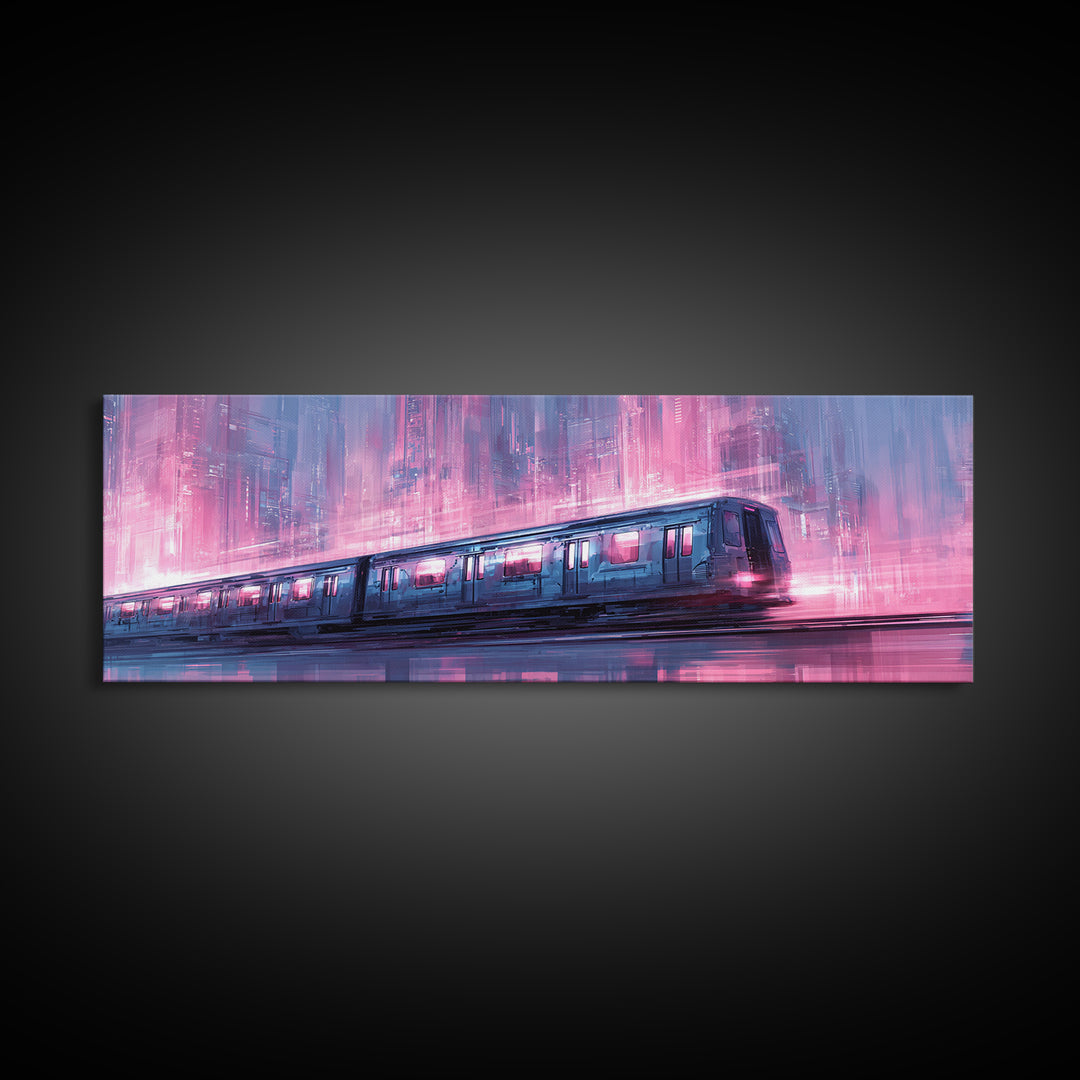 Transparent Train Speeding Through Light Tunnels Framed Canvas Print, Futuristic Art, Art Print, Living Room Decor, Future, FUT-3x1-27