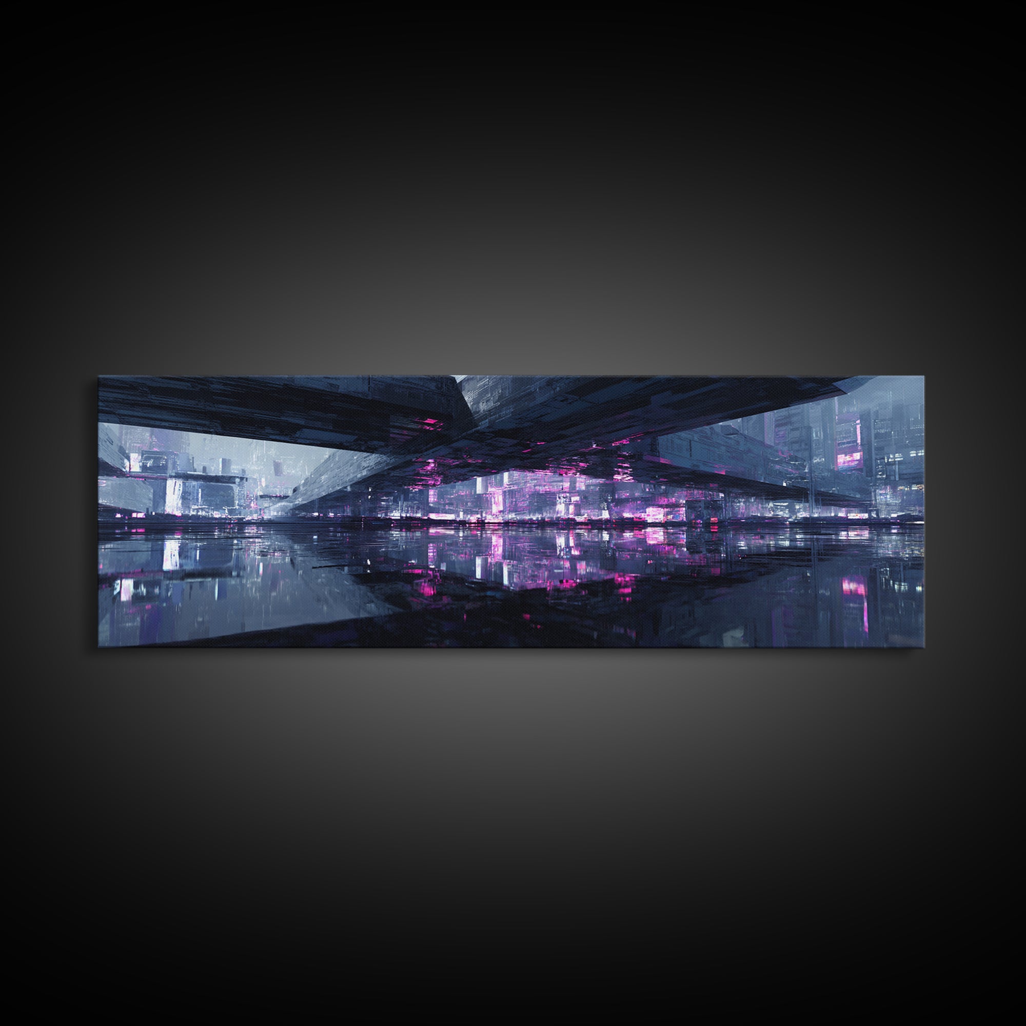 Floating Glass Architecture Above Reflective Water Canvas Print, Futuristic Art, Unique Wall Art, Living Room Decor, Future, FUT-3x1-43