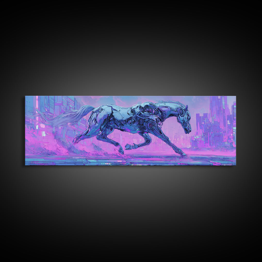 Cybernetic Horse in a Luminous Field Framed Canvas Print, Futuristic Art, Eclectic Home Decor, Living Room Decor, FUT-3x1-5