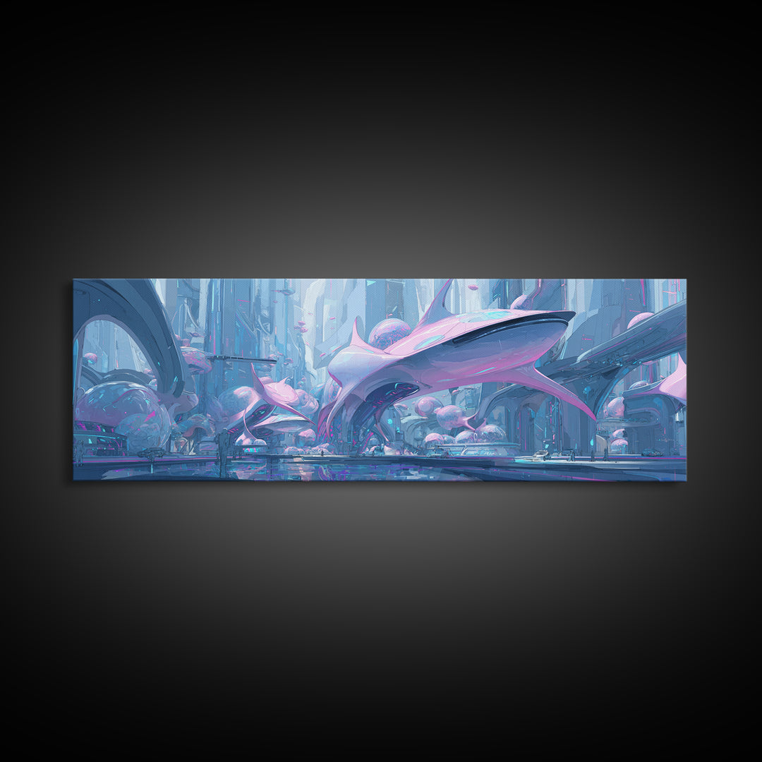 Future Ocean Lab Framed Canvas Print, Futuristic Art, Ai Art, Living Room Decor, Oil Painting, Future, Digital Poster, FUT-3x1-55