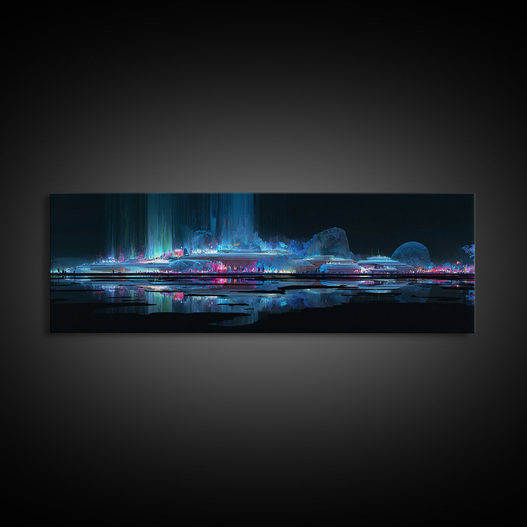 Bioluminescent Garden in a Future Habitat Framed Canvas Print, Futuristic Art, Digital Art, Living Room Decor, Fine Art, Future, FUT-3x1-68