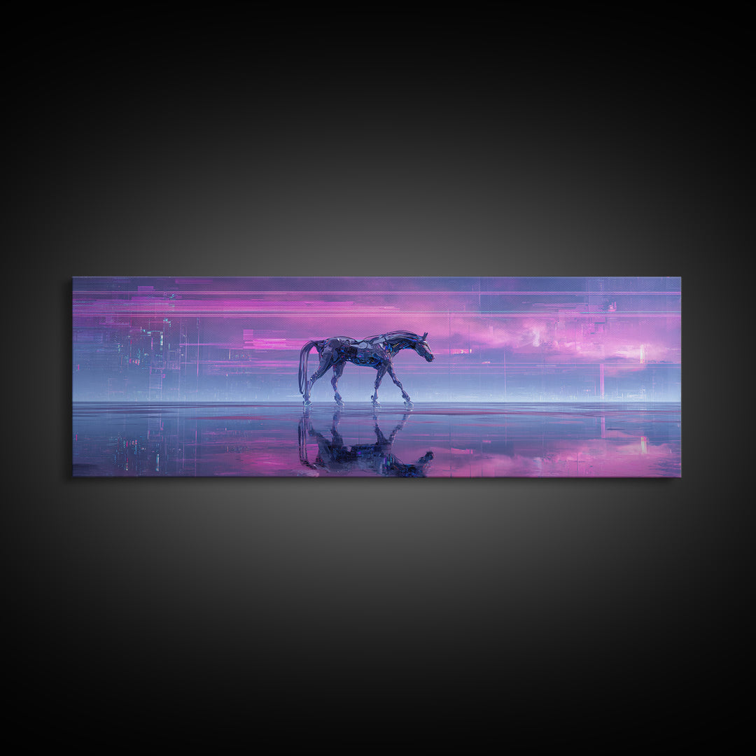 Cybernetic Horse in a Luminous Field Framed Canvas Print, Futuristic Art, Minimalist Decor, Living Room Decor, Fine Art, Future, FUT-3x1-77