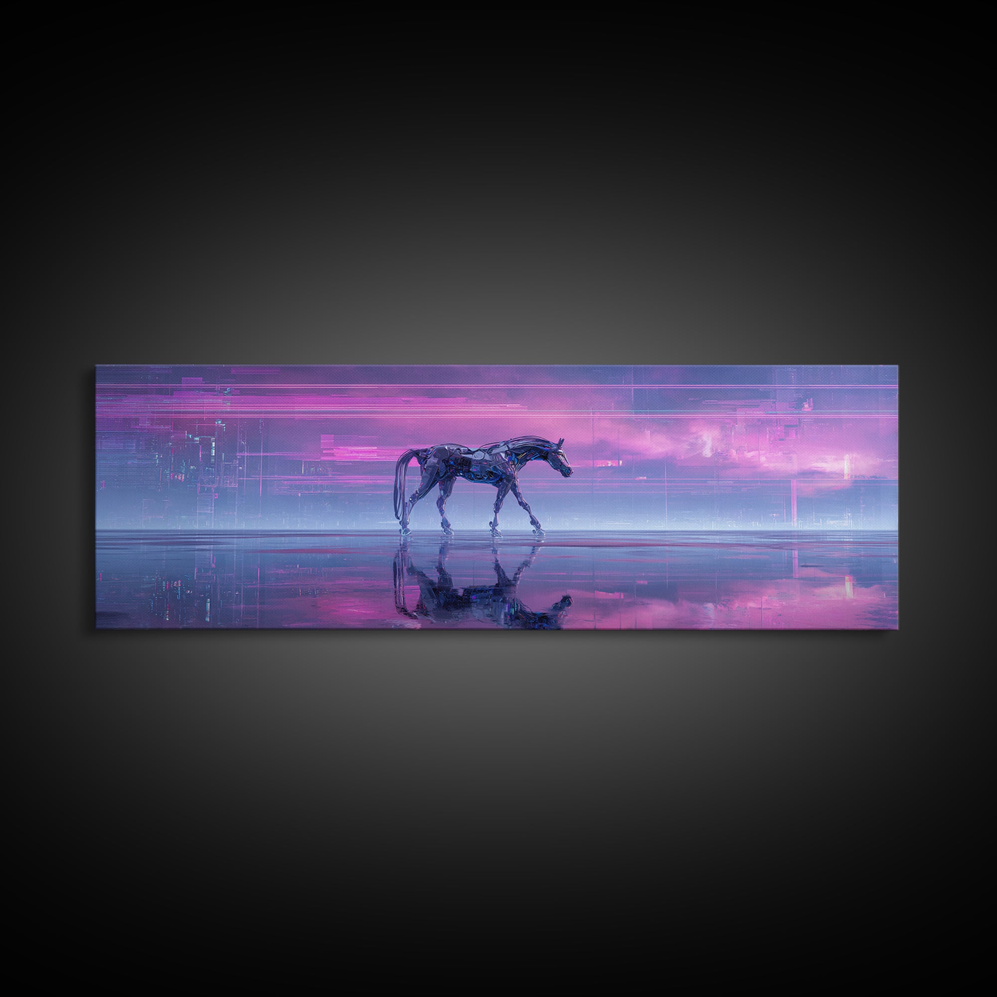 Cybernetic Horse in a Luminous Field Framed Canvas Print, Futuristic Art, Minimalist Decor, Living Room Decor, Fine Art, Future, FUT-3x1-77