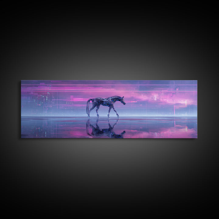 Cybernetic Horse in a Luminous Field Framed Canvas Print, Futuristic Art, Minimalist Decor, Living Room Decor, Fine Art, Future, FUT-3x1-77