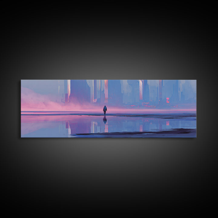 Silver Astronaut Walking Through Neon Desert Canvas Print, Futuristic Art, Canvas Wall Art, Living Room Decor, Oil Painting, FUT-3x1-93