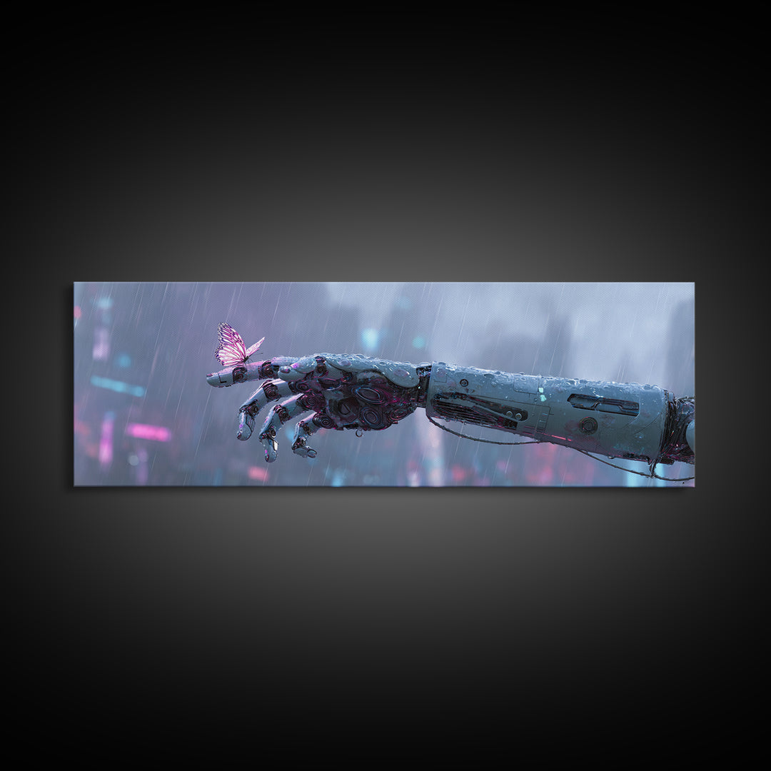 Robotic Hand Holding a Delicate Butterfly Canvas Print, Futuristic Art, Unique Wall Art, Living Room Decor, Fine Art, Future, FUT-3x1-96