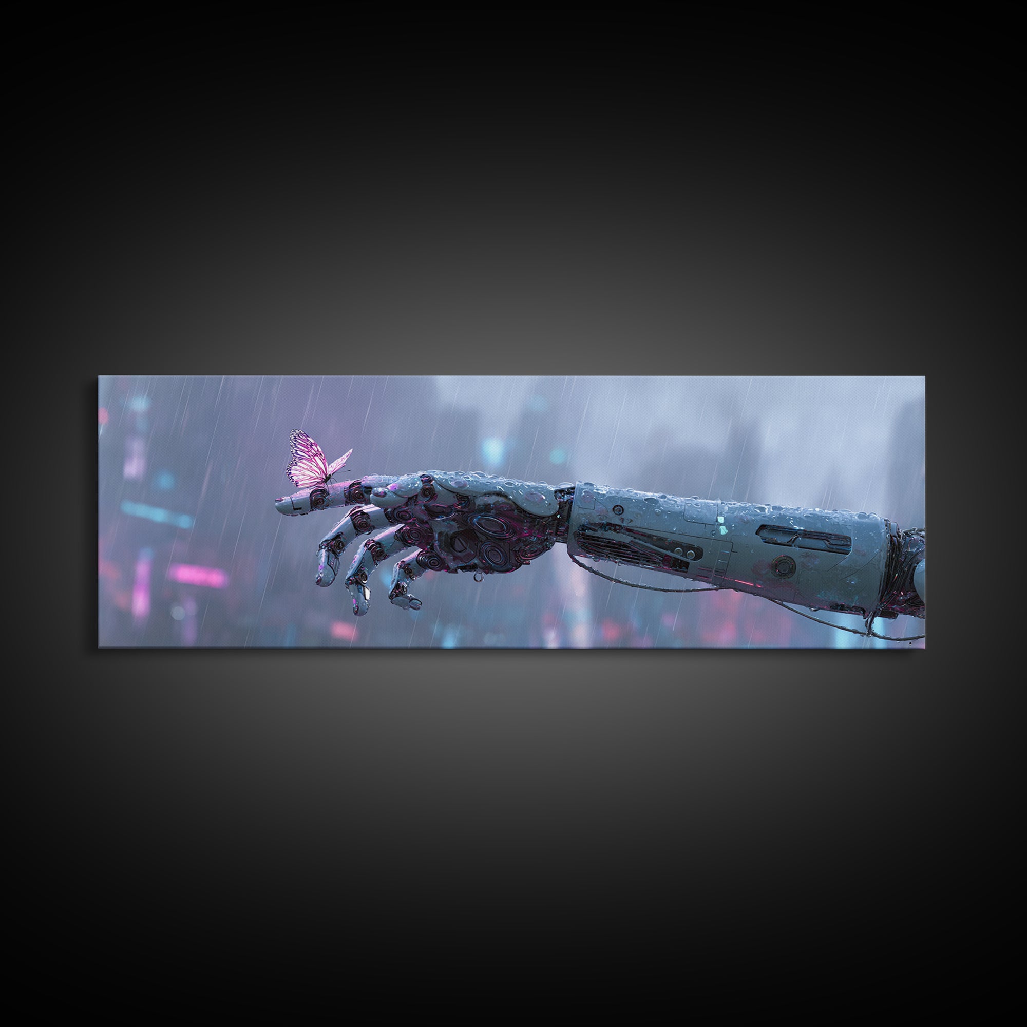 Robotic Hand Holding a Delicate Butterfly Canvas Print, Futuristic Art, Unique Wall Art, Living Room Decor, Fine Art, Future, FUT-3x1-96