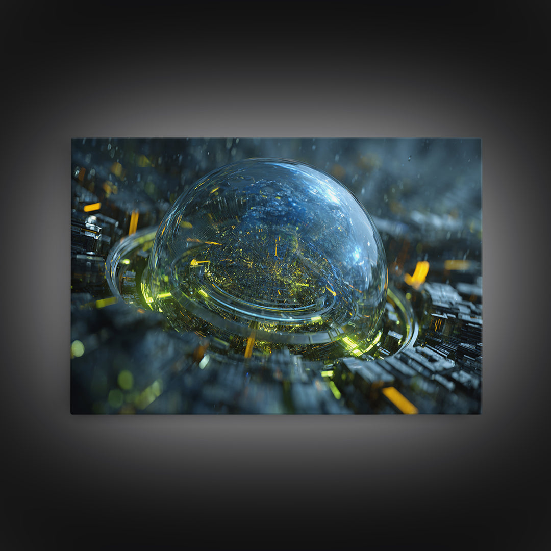 Orbital City Ring Around a Blue Planet Framed Canvas Print, Futuristic Art, Unique Home Decor, Living Room Decor, Future, FUT-3x2-14
