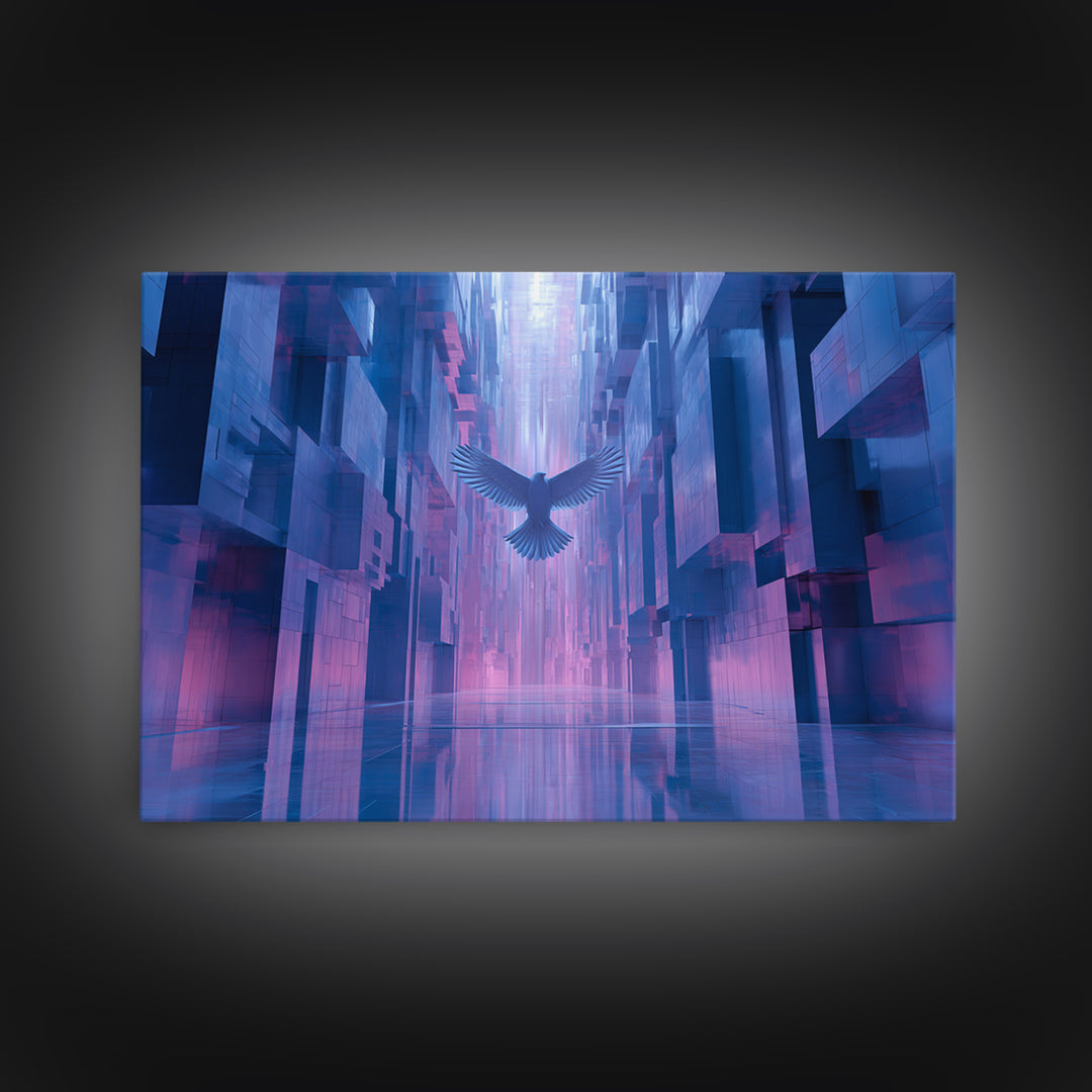 Futurist Bird Made of Panels and Light Framed Canvas Print, Futuristic Art, Steampunk Decor, Living Room Decor, Future, FUT-3x2-2