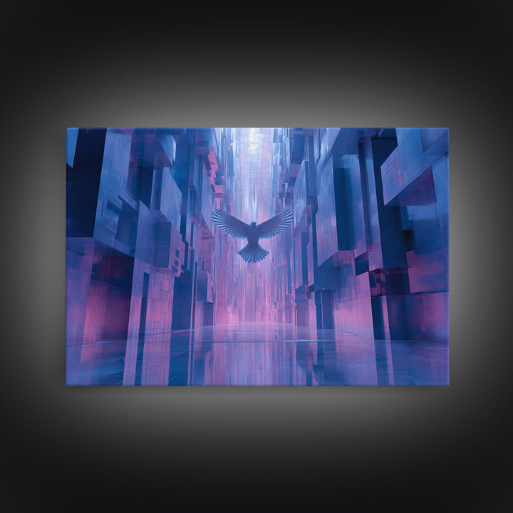 Futurist Bird Made of Panels and Light Framed Canvas Print, Futuristic Art, Steampunk Decor, Living Room Decor, Future, FUT-3x2-2