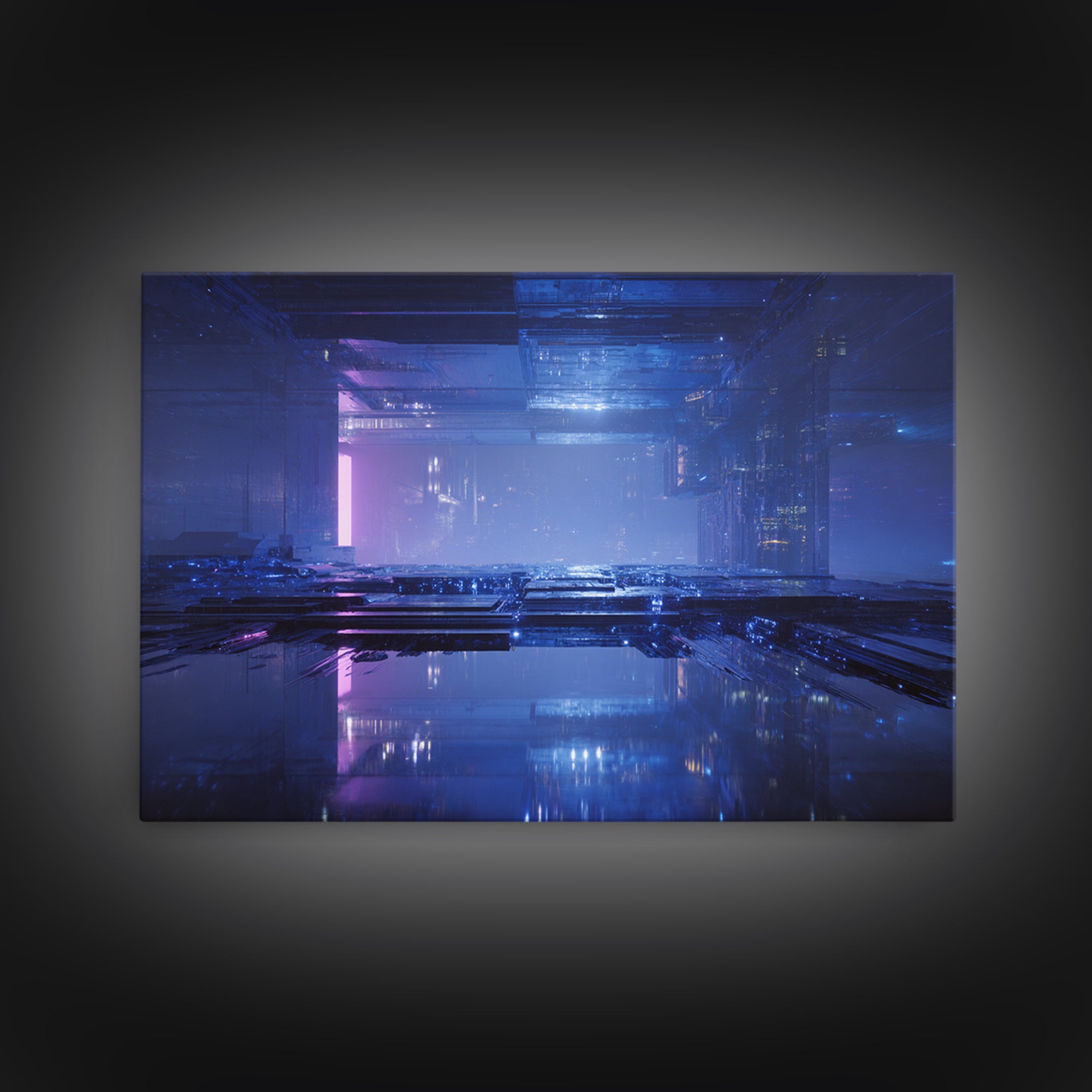 White and Blue Utopian Megastructure Framed Canvas Print, Futuristic Art, Mid Century Modern, Living Room Decor, Oil Painting, FUT-3x2-40